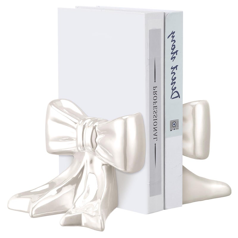 Leinuosen 2 Pcs White Bow Bookends Ceramic Cute Book Ends Decorative Book Stand Bow Sculpture Statues Tabletop Shelf Ornament Room Decor for Home Office School Dorm Girl Desk - Image 1
