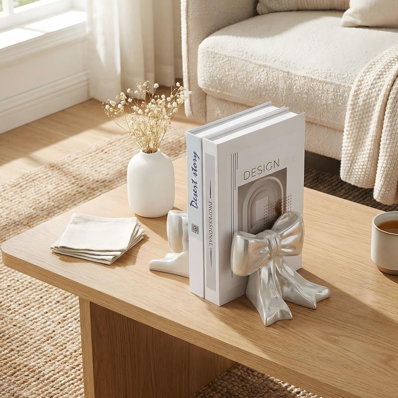 Leinuosen 2 Pcs White Bow Bookends Ceramic Cute Book Ends Decorative Book Stand Bow Sculpture Statues Tabletop Shelf Ornament Room Decor for Home Office School Dorm Girl Desk - Image 4