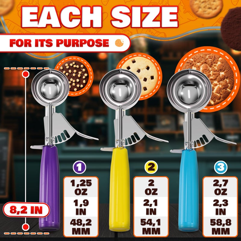 Reluen Cookie Scoop Set - Ice Cream Scoop with Trigger - Cookie Scoops for Baking Set of 3#16 (2.7 oz), #20 (2 oz), #30 (1.25 oz), Stainless Steel Versatile Tool, Portion Control for Cookies and Treats Prep - Image 2