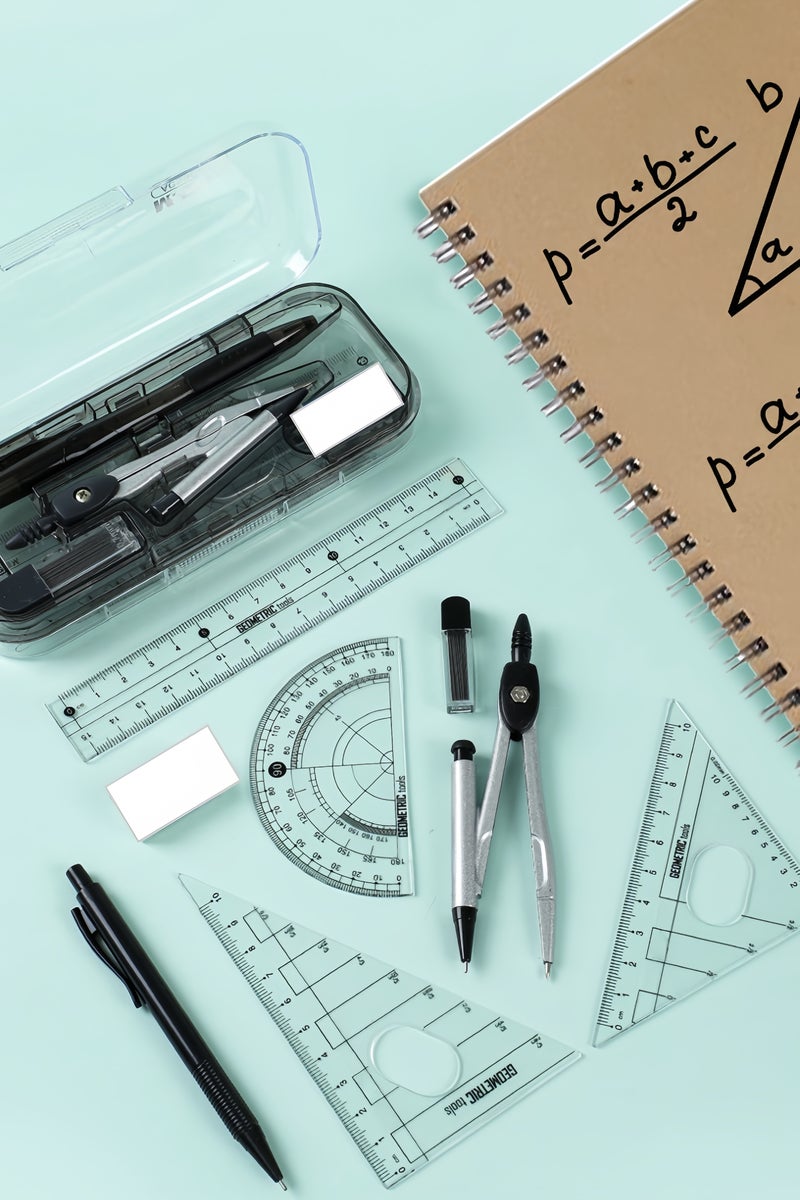 Geometry Set, 8 pcs, Compass for Geometry Compass, Geometry Kit Set with Shatterproof Storage Box, Math Compass, Geometry Set for School, Compass Math, Protractor and Compass Set - Image 1