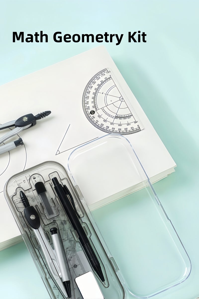 Geometry Set, 8 pcs, Compass for Geometry Compass, Geometry Kit Set with Shatterproof Storage Box, Math Compass, Geometry Set for School, Compass Math, Protractor and Compass Set - Image 2