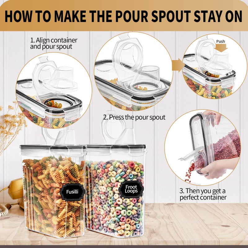 PRAKI Cereal Containers Storage Set (4L,135.2 Oz), 4PCS Airtight Food Storage Containers with Pour Spout for Kitchen & Pantry Organization Cereal Dispensers with 20 labels, Measuring Cup & Marker - Image 5