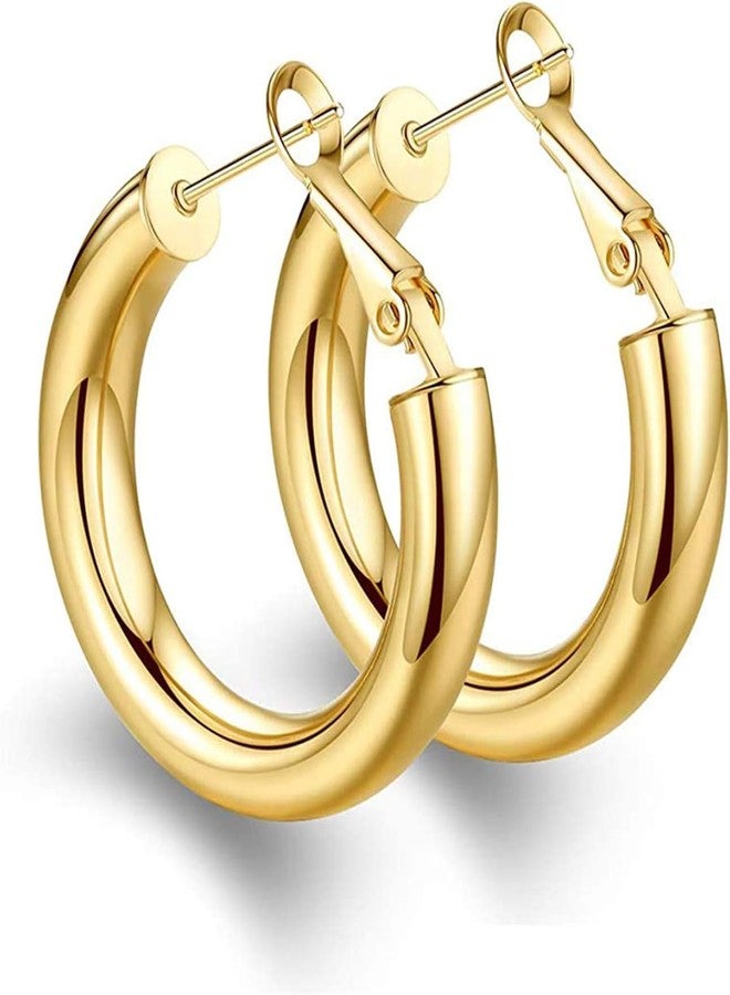 BMMYE 14k Gold Plated Chunky Hoop Earrings - Lightweight Hollow Tube Earings for Women - Hypoallergenic - 25mm - Image 1