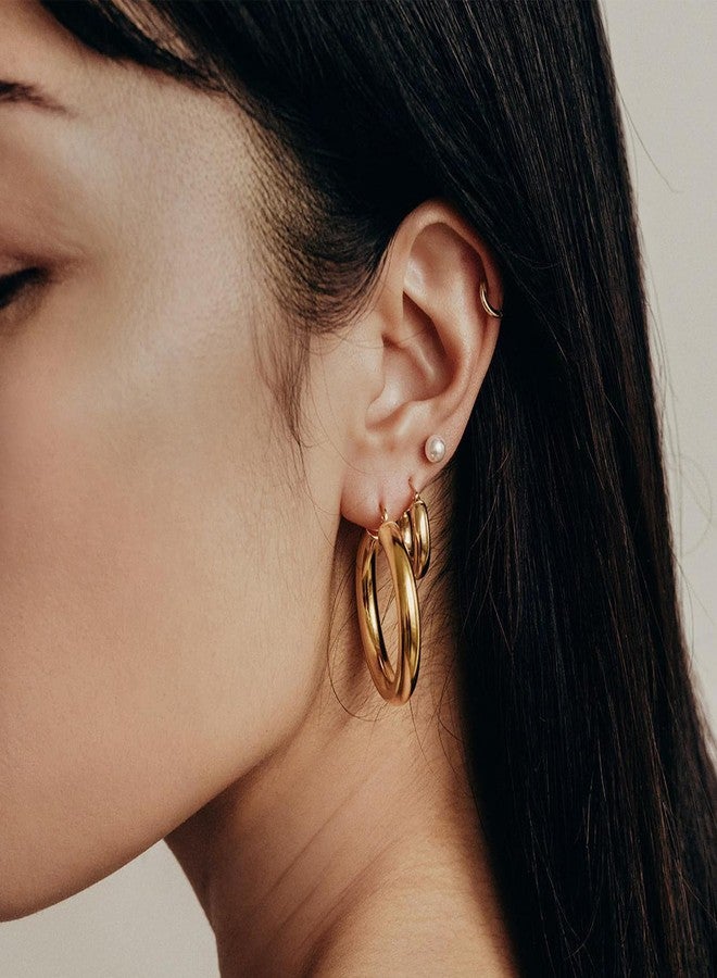 BMMYE 14k Gold Plated Chunky Hoop Earrings - Lightweight Hollow Tube Earings for Women - Hypoallergenic - 25mm - Image 2