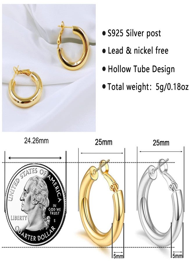 BMMYE 14k Gold Plated Chunky Hoop Earrings - Lightweight Hollow Tube Earings for Women - Hypoallergenic - 25mm - Image 3