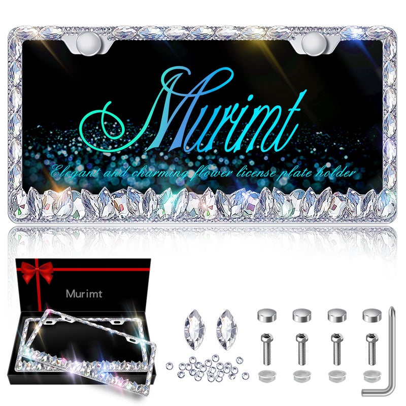 Murimt Bling License Plate Frame for Women,2 Pack Stainless Steel Rhinestone License Plate Frames | Holder Handmade Glitter Crystal Diamond Lincense Plate Cover for Girl Bedazzled Sparkly (White)â€¦ - Image 1