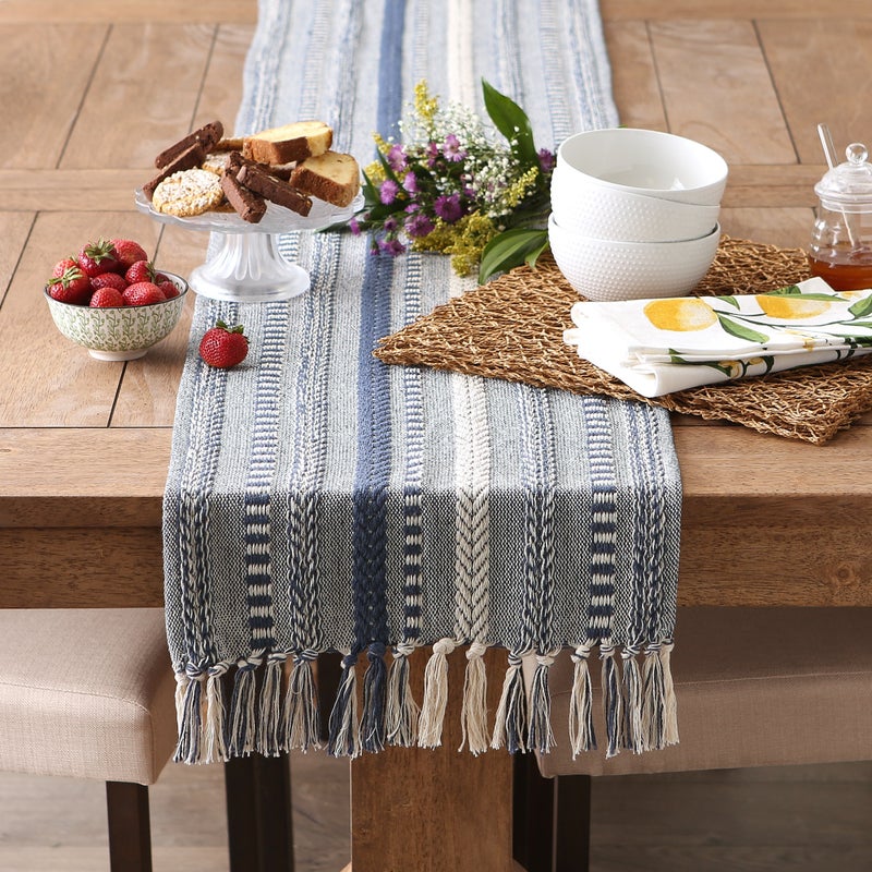 Design Imports عداء طاولة مخطط مضفر باللون الأزرق الفرنسي 15x108 - Image 3