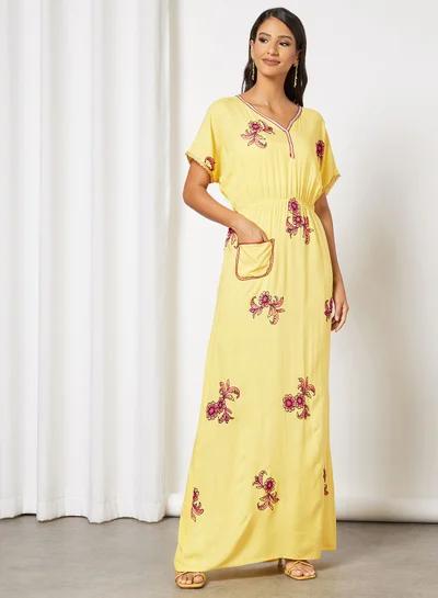 Hayat Jalabiya In Abstract Print With Lace And Small Side Pocket All Over Embroidery Pattern