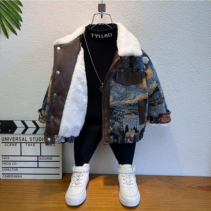 Boys' Winter Fleece-Lined Thick Coat 2023 New Baby Clothes Boy Coat Children'S Winter Leather Jacket - Image 2