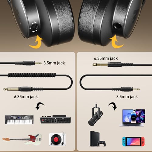MAONO Studio Monitor Mixing DJ Headphones, 50mm Driver Professional Over Ear Wired Headset with 3.5mm to 6.35mm Jack for Guitar AMP, Piano, Music Production, Keyboard, Recording, Podcast, MH700 Black - Image 3