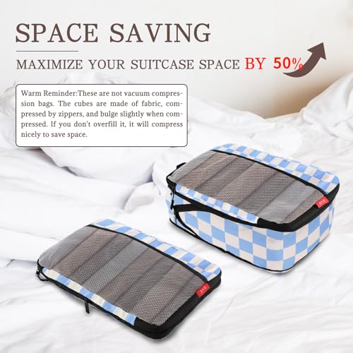 U+U 4 Set Compression Packing Cubes - Ultralight Travel Organizers, Space-Saving Suitcase Organizer, Expandable Packing Cubes for Travel, Business Trip and Family Vacation (Blue Checkered) - Image 3