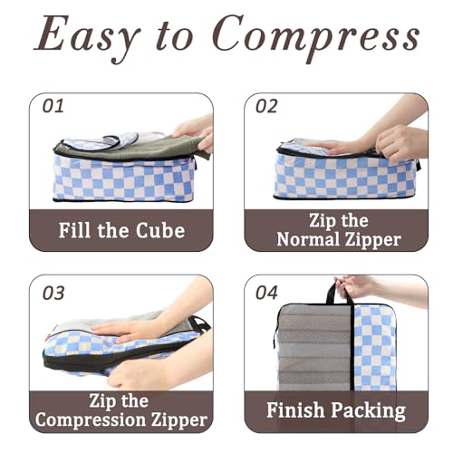 U+U 4 Set Compression Packing Cubes - Ultralight Travel Organizers, Space-Saving Suitcase Organizer, Expandable Packing Cubes for Travel, Business Trip and Family Vacation (Blue Checkered) - Image 4