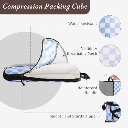 U+U 4 Set Compression Packing Cubes - Ultralight Travel Organizers, Space-Saving Suitcase Organizer, Expandable Packing Cubes for Travel, Business Trip and Family Vacation (Blue Checkered) - Image 2