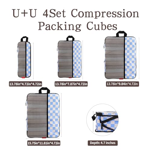 U+U 4 Set Compression Packing Cubes - Ultralight Travel Organizers, Space-Saving Suitcase Organizer, Expandable Packing Cubes for Travel, Business Trip and Family Vacation (Blue Checkered) - Image 5