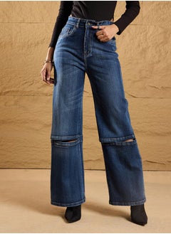 SASSAFRAS Dark Wash Knee Slit Straight Fit Jeans by Styli  - Image 1