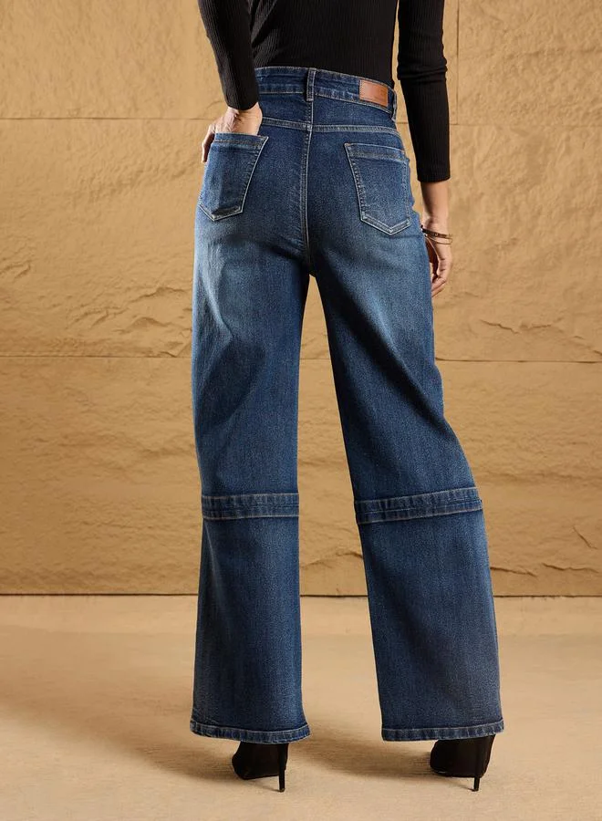 SASSAFRAS Dark Wash Knee Slit Straight Fit Jeans by Styli
