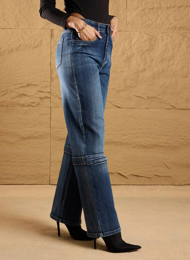 SASSAFRAS Dark Wash Knee Slit Straight Fit Jeans by Styli