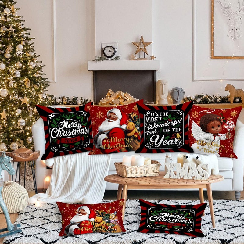 Lanpn Black Santa 16x16 Christmas Pillow Covers Set of 4  Black African American Claus Girl Decorative Holiday Throw Pillow Case Cushion Cover 16 x 16 for Indoor Sofa Couch Xmas Decor - Image 3