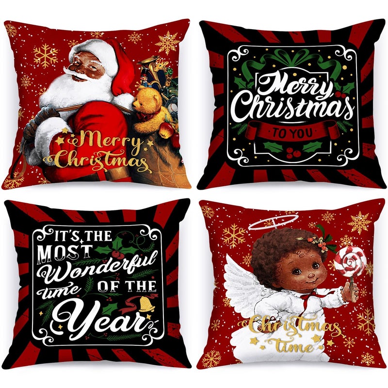 Lanpn Black Santa 16x16 Christmas Pillow Covers Set of 4  Black African American Claus Girl Decorative Holiday Throw Pillow Case Cushion Cover 16 x 16 for Indoor Sofa Couch Xmas Decor - Image 1