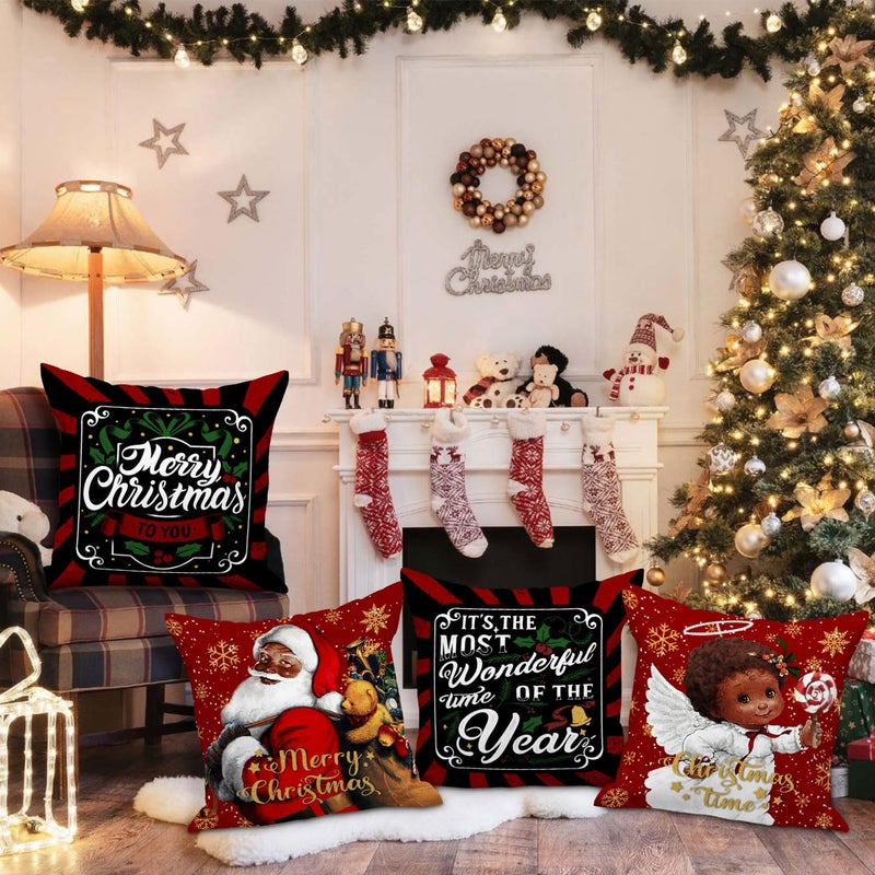 Lanpn Black Santa 16x16 Christmas Pillow Covers Set of 4  Black African American Claus Girl Decorative Holiday Throw Pillow Case Cushion Cover 16 x 16 for Indoor Sofa Couch Xmas Decor - Image 5