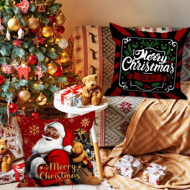 Lanpn Black Santa 16x16 Christmas Pillow Covers Set of 4  Black African American Claus Girl Decorative Holiday Throw Pillow Case Cushion Cover 16 x 16 for Indoor Sofa Couch Xmas Decor - Image 2