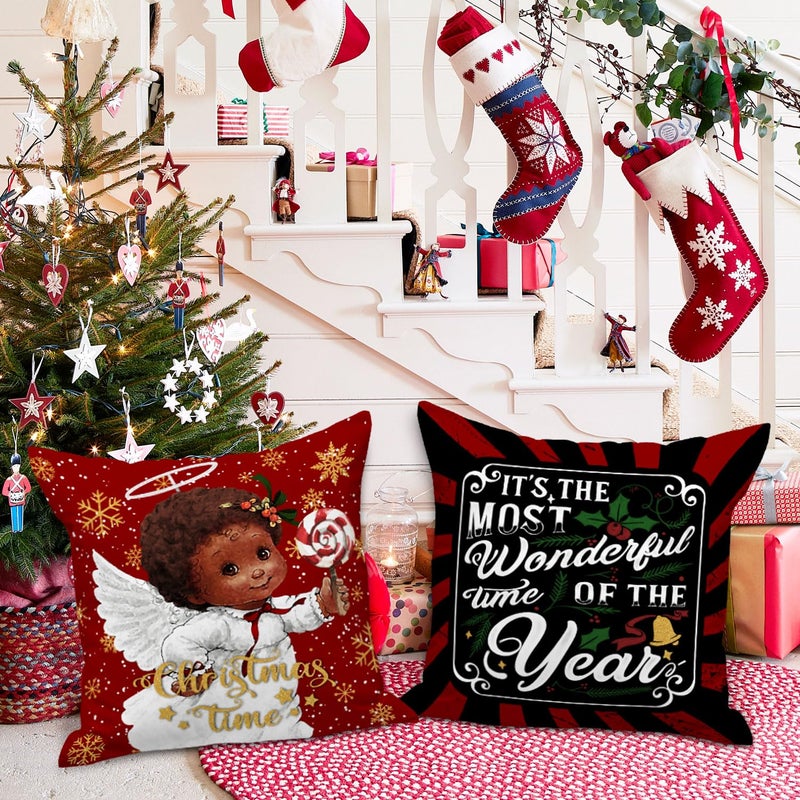 Lanpn Black Santa 16x16 Christmas Pillow Covers Set of 4  Black African American Claus Girl Decorative Holiday Throw Pillow Case Cushion Cover 16 x 16 for Indoor Sofa Couch Xmas Decor - Image 4