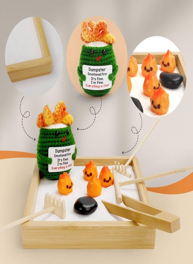 Mlatnod Humorous Emotional Support Dumpster Fire Desk Toy - Unique Desk Accessories, Mini Zen Garden Sand Box with Crochet Figure & 8 Flames, Funny Gift for Coworkers & Office Stress Relief - Image 2