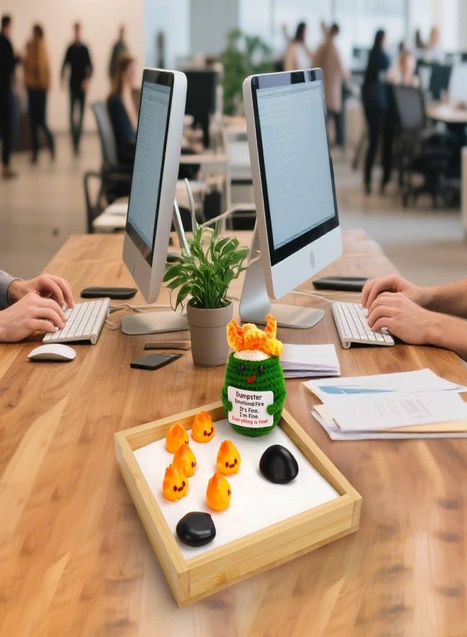 Mlatnod Humorous Emotional Support Dumpster Fire Desk Toy - Unique Desk Accessories, Mini Zen Garden Sand Box with Crochet Figure & 8 Flames, Funny Gift for Coworkers & Office Stress Relief - Image 3