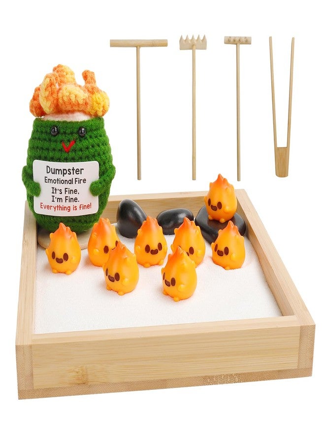 Mlatnod Humorous Emotional Support Dumpster Fire Desk Toy - Unique Desk Accessories, Mini Zen Garden Sand Box with Crochet Figure & 8 Flames, Funny Gift for Coworkers & Office Stress Relief - Image 1