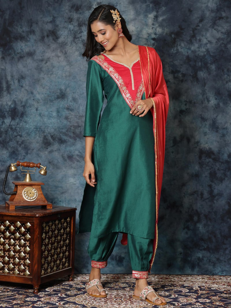 EthnicJunction Women's Cotton Silk Embroidered Straight Kurta Salwar With Dupatta Set - Image 5
