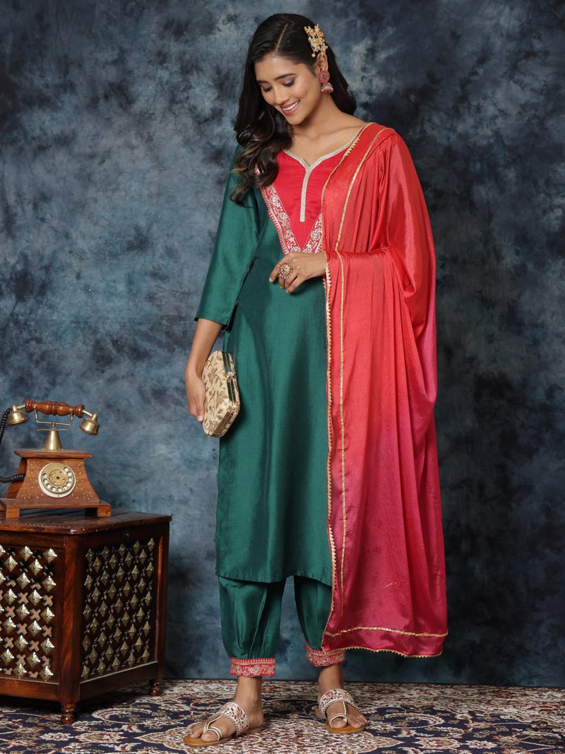 EthnicJunction Women's Cotton Silk Embroidered Straight Kurta Salwar With Dupatta Set - Image 2