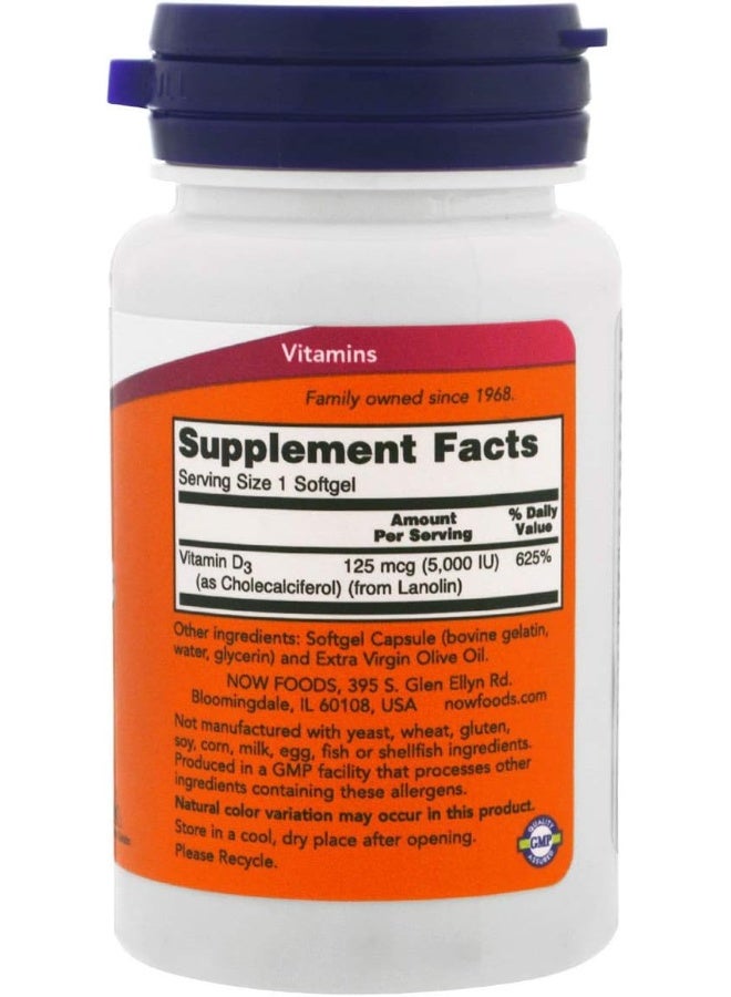 NOW Vitamin D-3 5,000 IU, 120 Softgels - Image 2