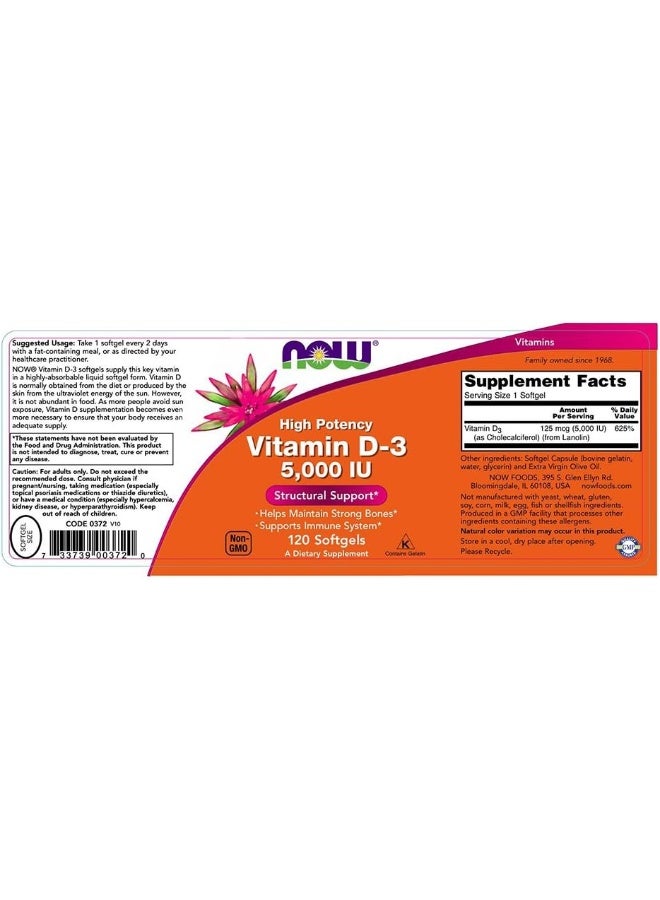 NOW Vitamin D-3 5,000 IU, 120 Softgels - Image 3