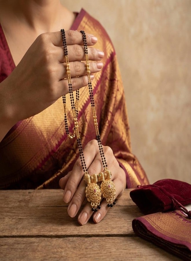 قلادة مانجالسوترا تقليدية من ولاية ماهاراشترا من AAIKU | سلسلة طويلة مطلية بالذهب مع خرز أسود | قلادة أنيقة من سلسلة تانمانيا نالابوسالو للنساء والفتيات (36 بوصة) - Image 2