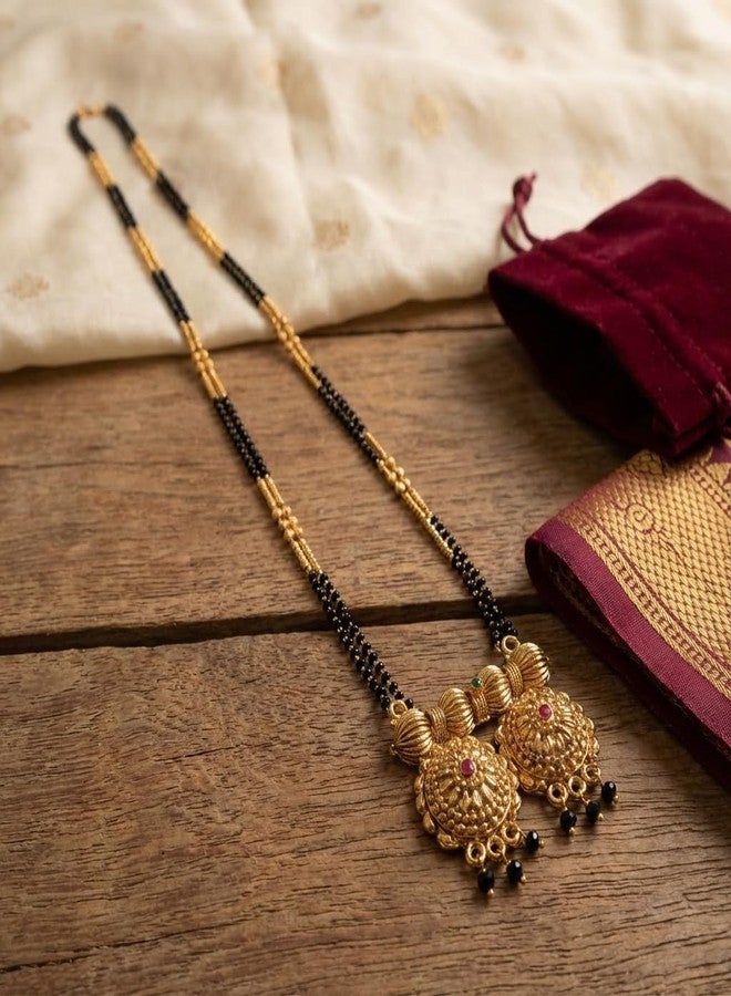 قلادة مانجالسوترا تقليدية من ولاية ماهاراشترا من AAIKU | سلسلة طويلة مطلية بالذهب مع خرز أسود | قلادة أنيقة من سلسلة تانمانيا نالابوسالو للنساء والفتيات (36 بوصة) - Image 5