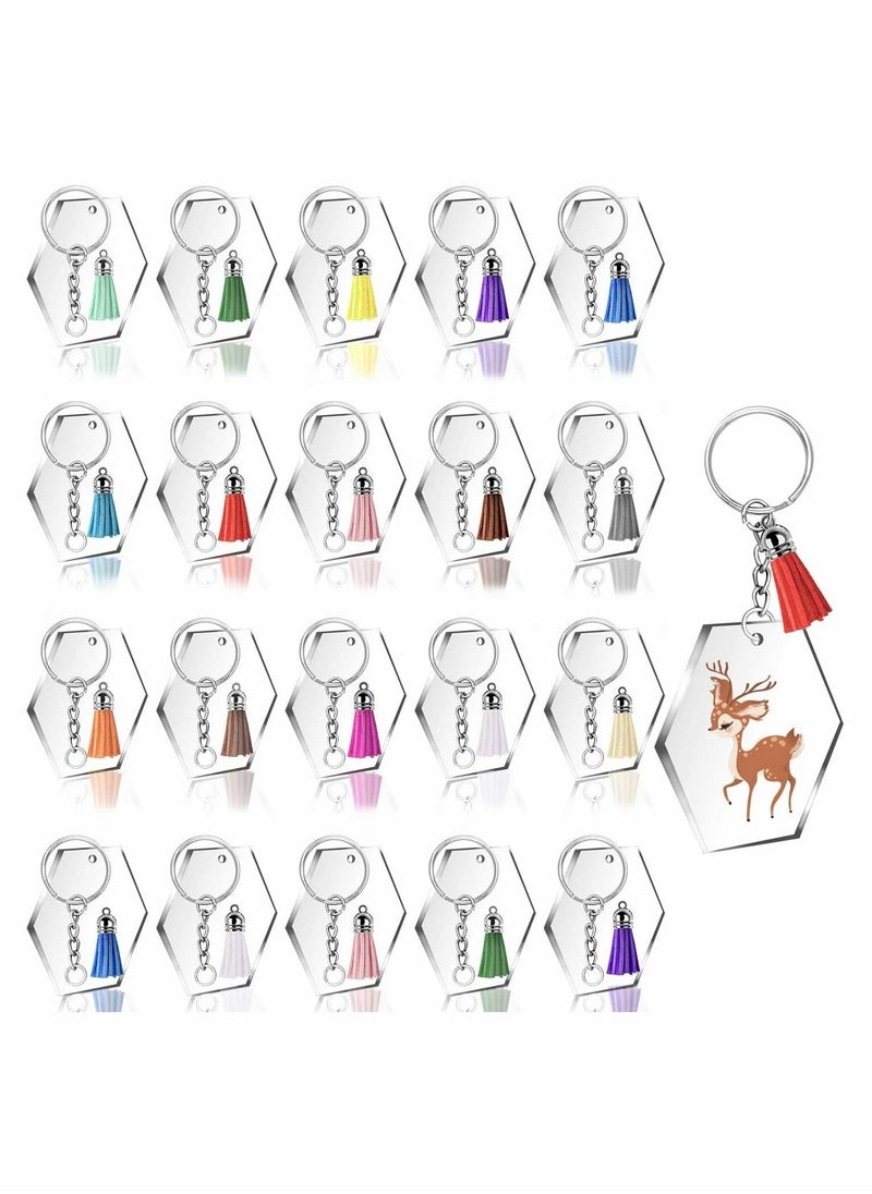 Excefore Acrylic Keychain Blanks, with Tassels Kit Bulk, Includes 30 Pcs Acrylic Clear Hexagon Disc (2 Inch), 30 Pcs Key Rings, 30 Pcs Jump Rings Chains and 30 Pcs Tassels for DIY Keychain Crafting - Image 1