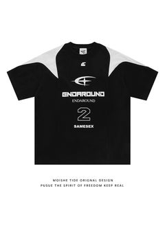 Vintage Color Block Letter Print Short Sleeve T-Shirt American Style Loose Fit Crew Neck Top For Men And Women Trendy Brand Black