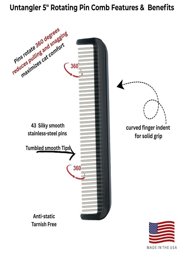 Untangler Cat Comb with Silky Smooth Rotating Teeth - Clears Mats Gently and Easily (5" Ultra Fine Teeth; 7" Dual Teeth) (Black, 5") - Image 5