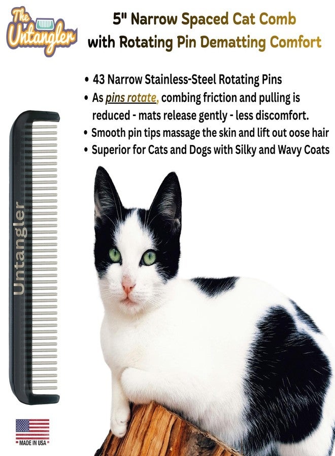 Untangler Cat Comb with Silky Smooth Rotating Teeth - Clears Mats Gently and Easily (5" Ultra Fine Teeth; 7" Dual Teeth) (Black, 5") - Image 3