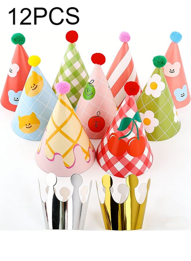 Happy D 11 PCS Birthday Party Cone Hats with Pom Poms, 9 Hats and 2 Crowns, Lovely Cake Birthday Paper Hats for Birthday Celebrations and Party Decorations - Image 1