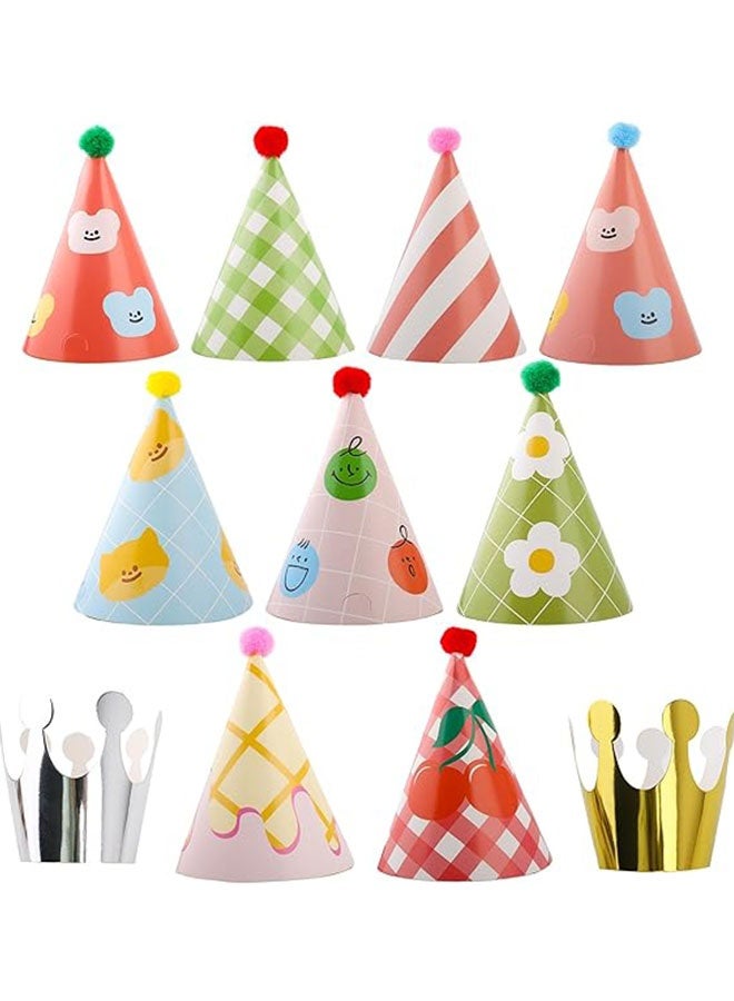 Happy D 11 PCS Birthday Party Cone Hats with Pom Poms, 9 Hats and 2 Crowns, Lovely Cake Birthday Paper Hats for Birthday Celebrations and Party Decorations - Image 2