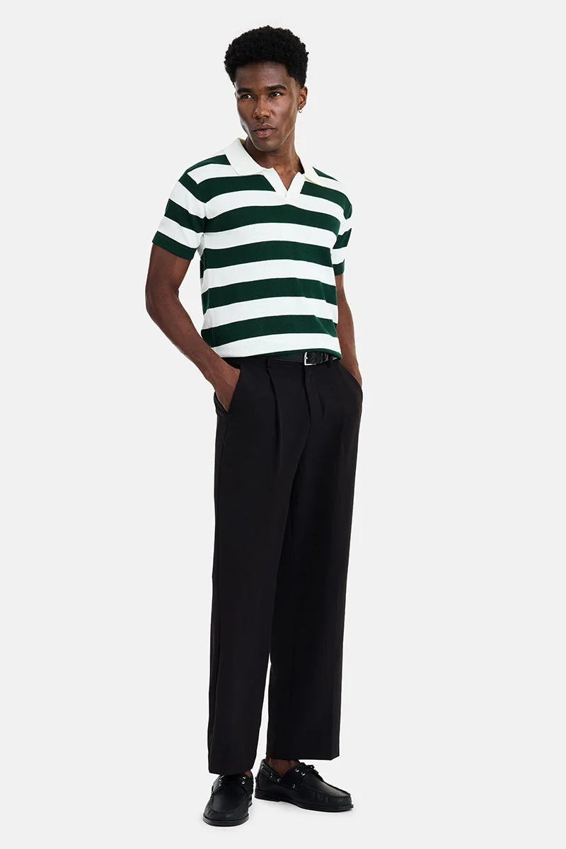 سنيتش Dark Green Striped Half Sleeve Regular Fit Casual T-Shirt