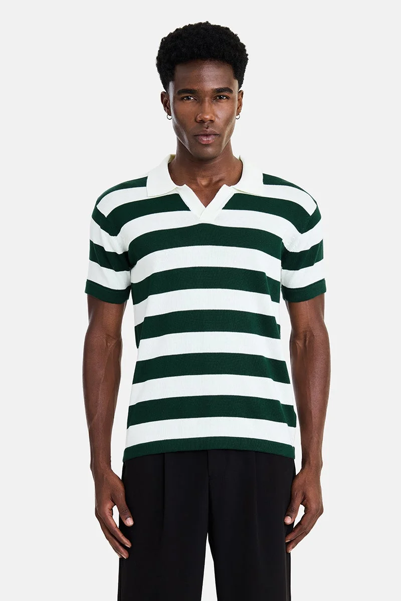 سنيتش Dark Green Striped Half Sleeve Regular Fit Casual T-Shirt