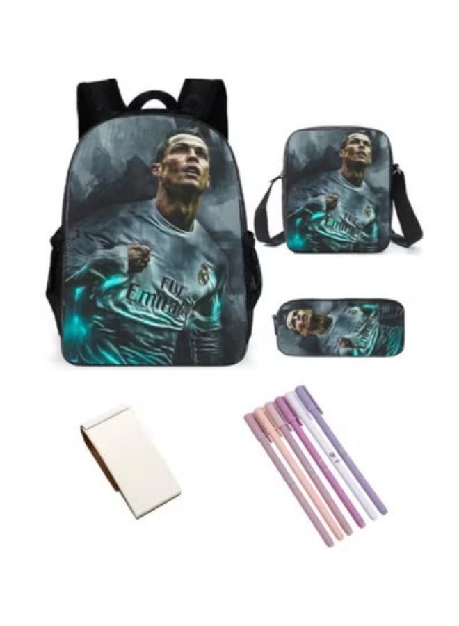 NIBEMINENT Kids School Bags Set of 3 School Bags With Lunch Bag And Pencil Case C-Ronaldo Casual Backpack For Teen Boys Girls, Soccer School Backpack - Image 1