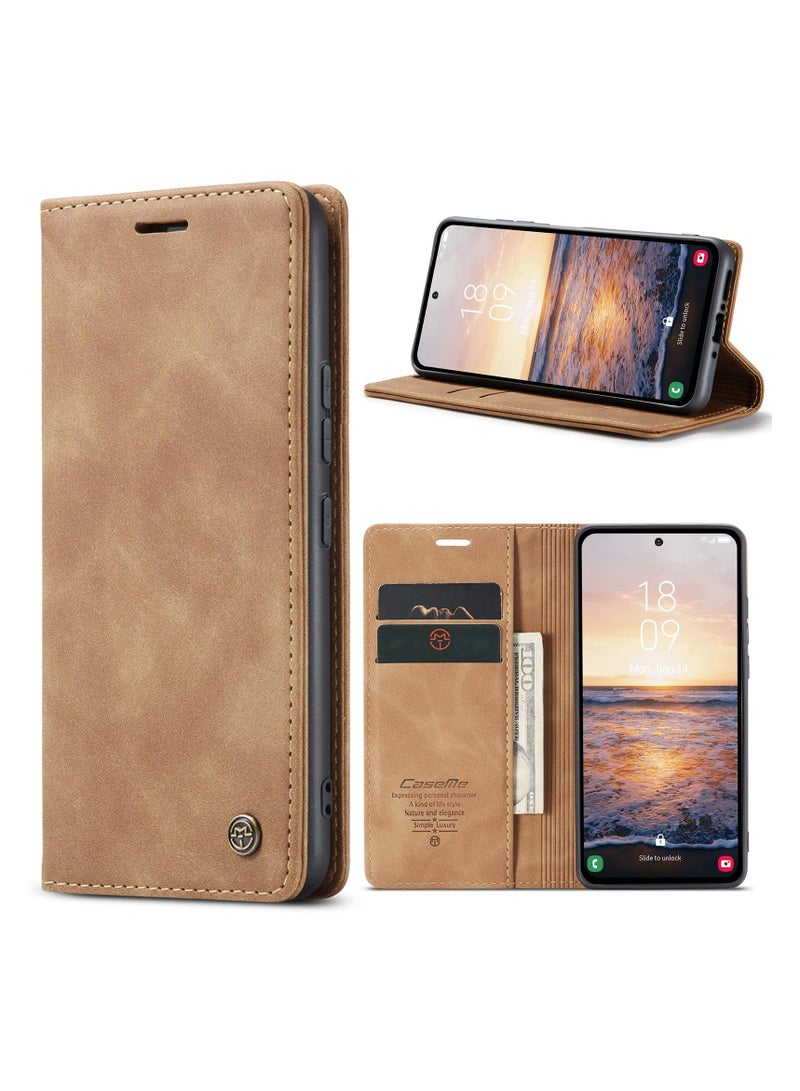 CaseMe Phone Case Luxury PU Leather Design 013 Flip Cover Card Slot Holder Cover For Samsung Galaxy A54 (Brown) - Image 1