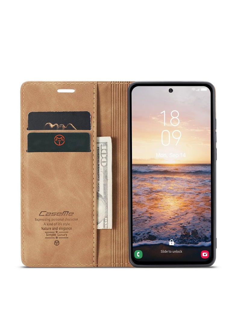 CaseMe Phone Case Luxury PU Leather Design 013 Flip Cover Card Slot Holder Cover For Samsung Galaxy A54 (Brown) - Image 3