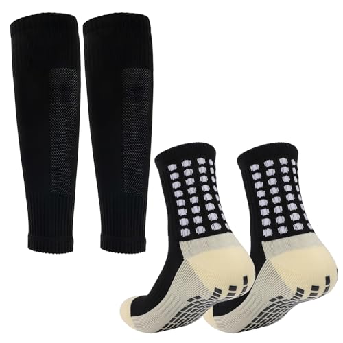 TecoKart® Black Grip Socks with Shin Guard Sleeves – Anti-Slip Football Socks for Ultimate Control & Comfort – Breathable Sports Socks for Men with Cushion Support - Image 1