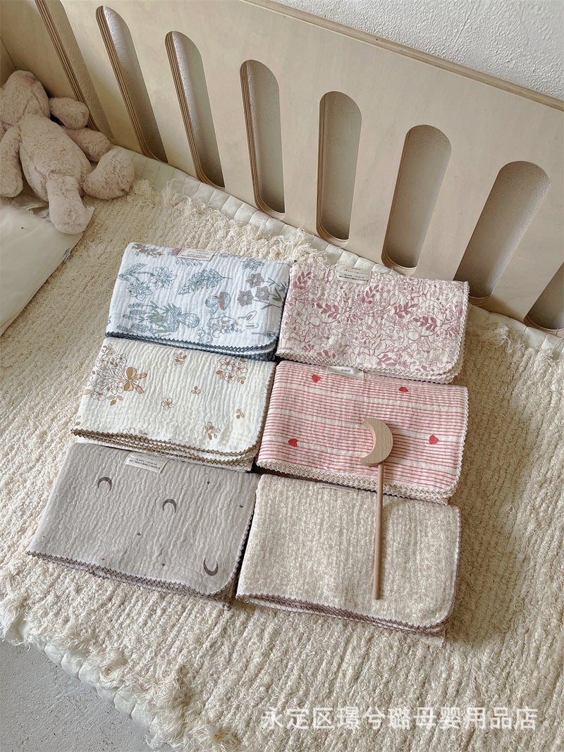 Ins Floral Double-layer Cotton Yarn Baby Blanket Wrapping Towel Bath Towel Soft Waxy Cotton Multi-functional Cover Blanket - Image 3