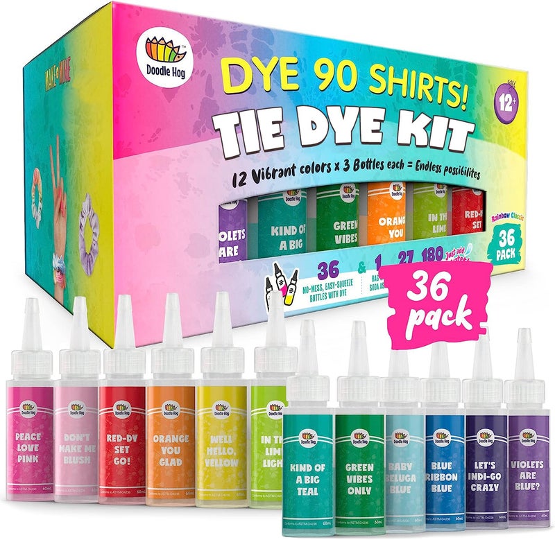 DOODLE HOG Tie Dye Kit for Kids Adults 36 Large Tye Dye Bottles with 12 Colors Tie Dye Powder Soda Ash Gloves Tie Dye Kits for Large Groups