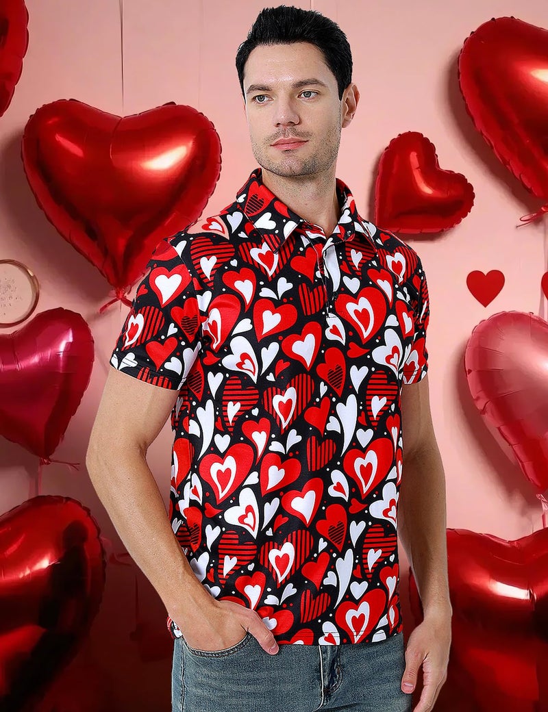 Funny World Mens Valentines Shirt Short Sleeve Red Heart Shirt Graphic Polo Shirt, Large, Valentines Polo - Image 3